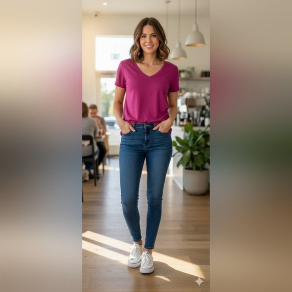 Croft and Barrow Essential V-Neck Women's T-shirt Magenta Garden Large EUC